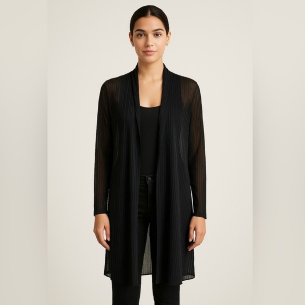 EILEEN FISHER - Black Sheer Accordion Pleated Long Cardigan. XS oversized